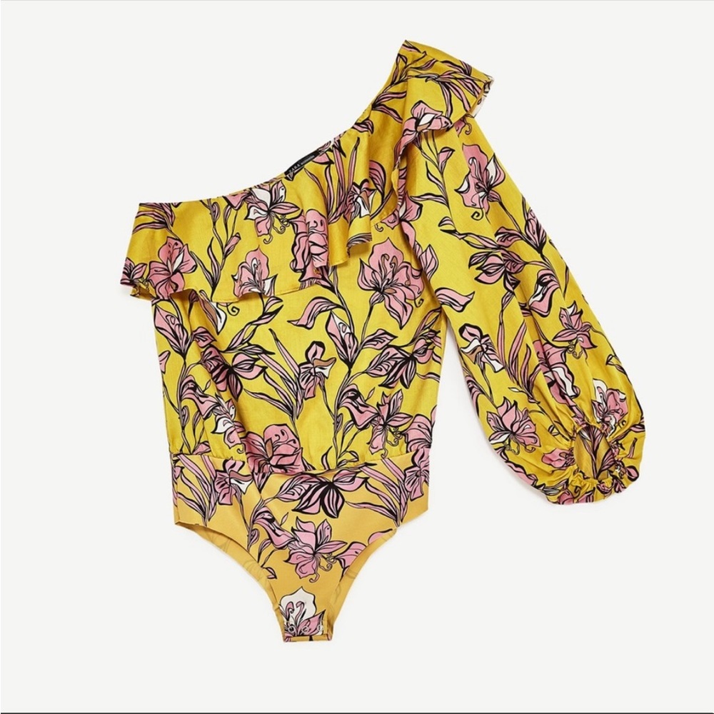 Zara Yellow Floral One Shoulder Ruffle Bodysuit, Size M